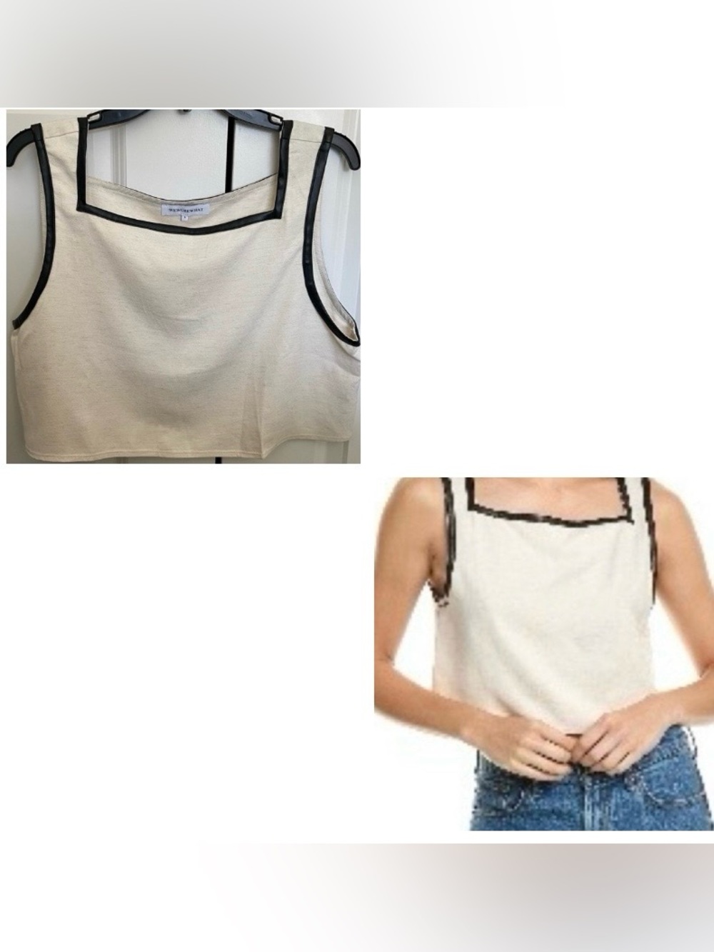 WeWoreWhat Linen Blend and Black Leather Trim Cream Top
